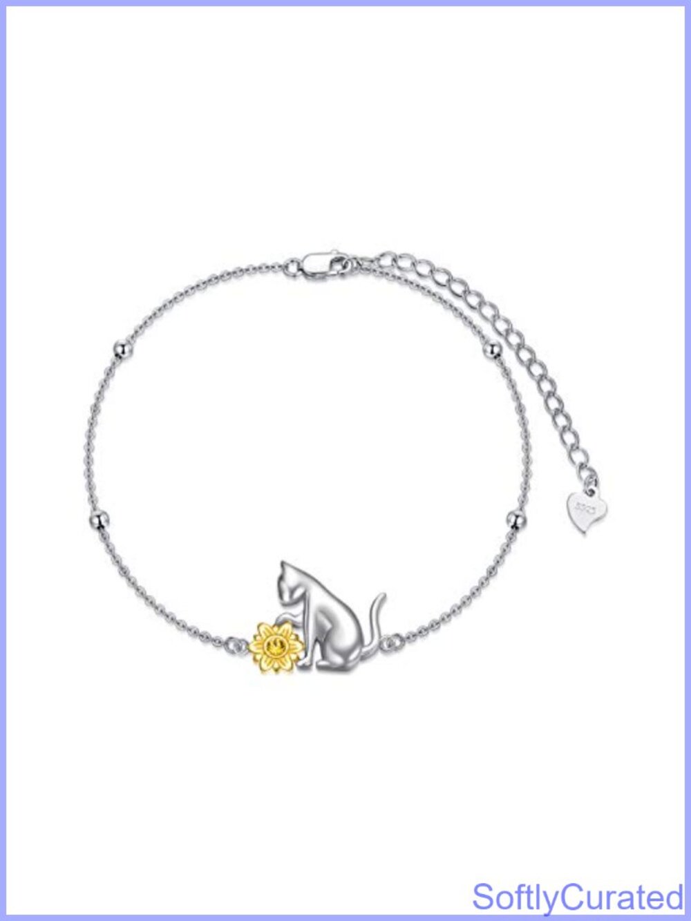 925 Sterling Silver Cat Sunflower Link Bracelet Adjustable Chain Gift